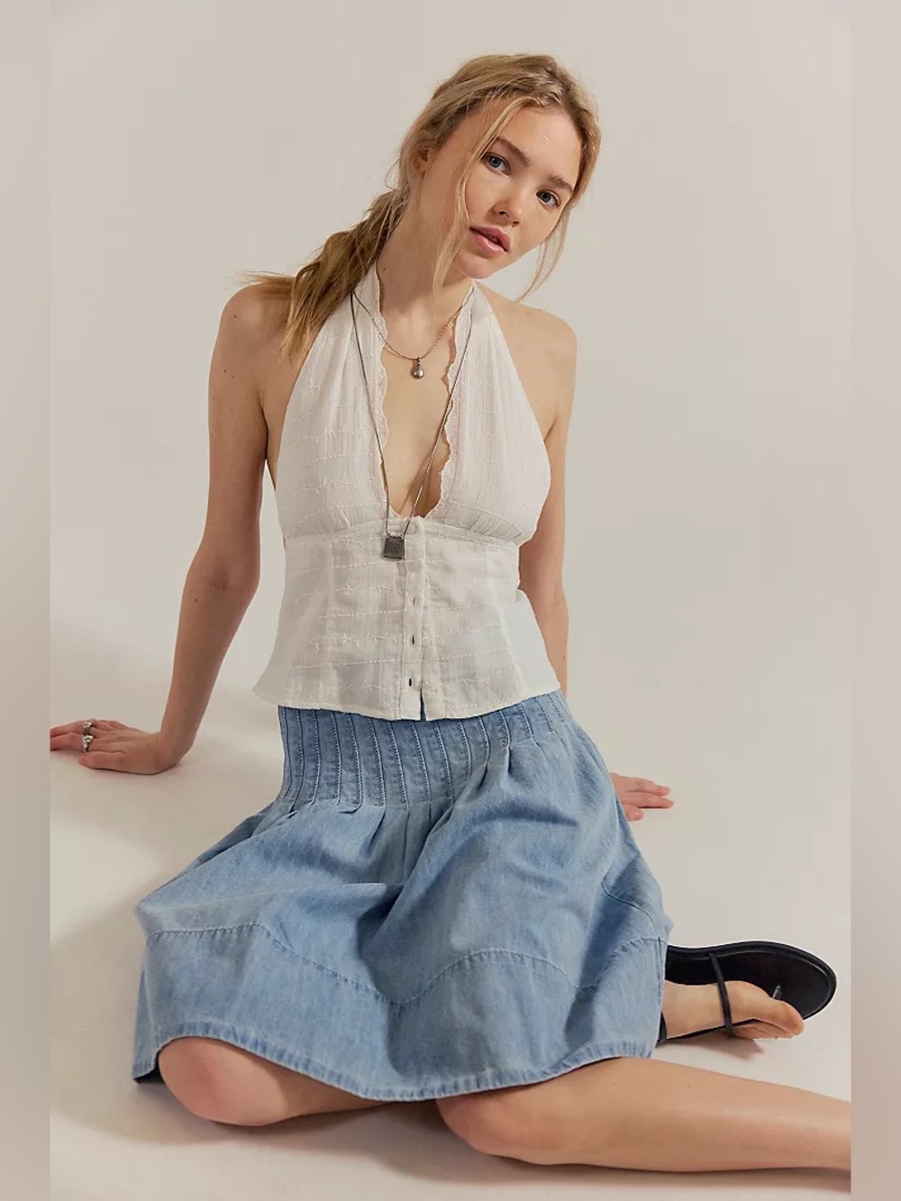 New Free People Piece of Cake We The Free Peyton Pintuck Denim Midi Skirt
Sz 2